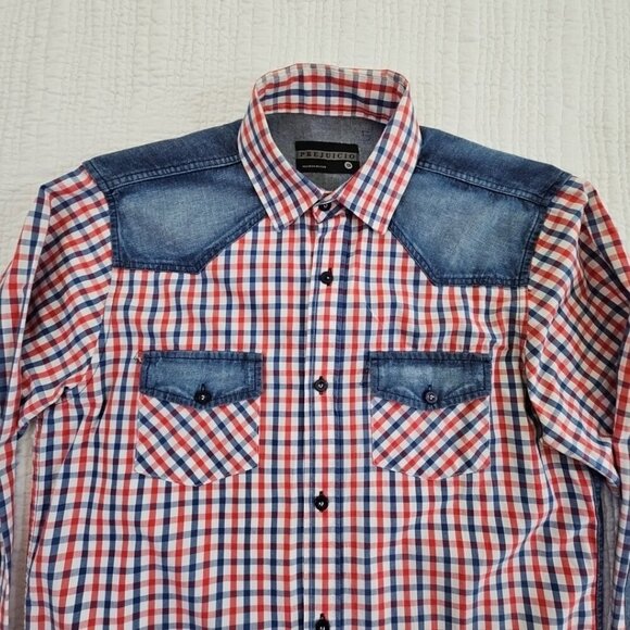Prejuicio Demin Long Sleeve Shirt Men's S Small Red White Blue Button Pockets LN - Picture 4 of 13